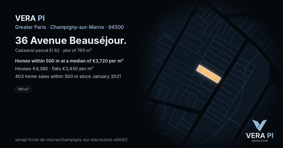 36 Avenue Beauséjour, Champigny-sur-Marne at night – the plot lit, the parcels around coloured by the prices near them