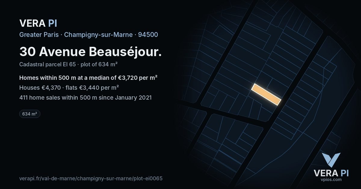 30 Avenue Beauséjour, Champigny-sur-Marne at night – the plot lit, the parcels around coloured by the prices near them