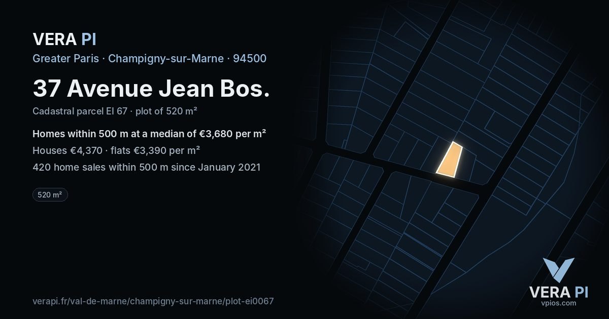 37 Avenue Jean Bos, Champigny-sur-Marne at night – the plot lit, the parcels around coloured by the prices near them