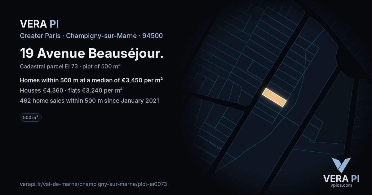 19 Avenue Beauséjour, Champigny-sur-Marne at night – the plot lit, the parcels around coloured by the prices near them