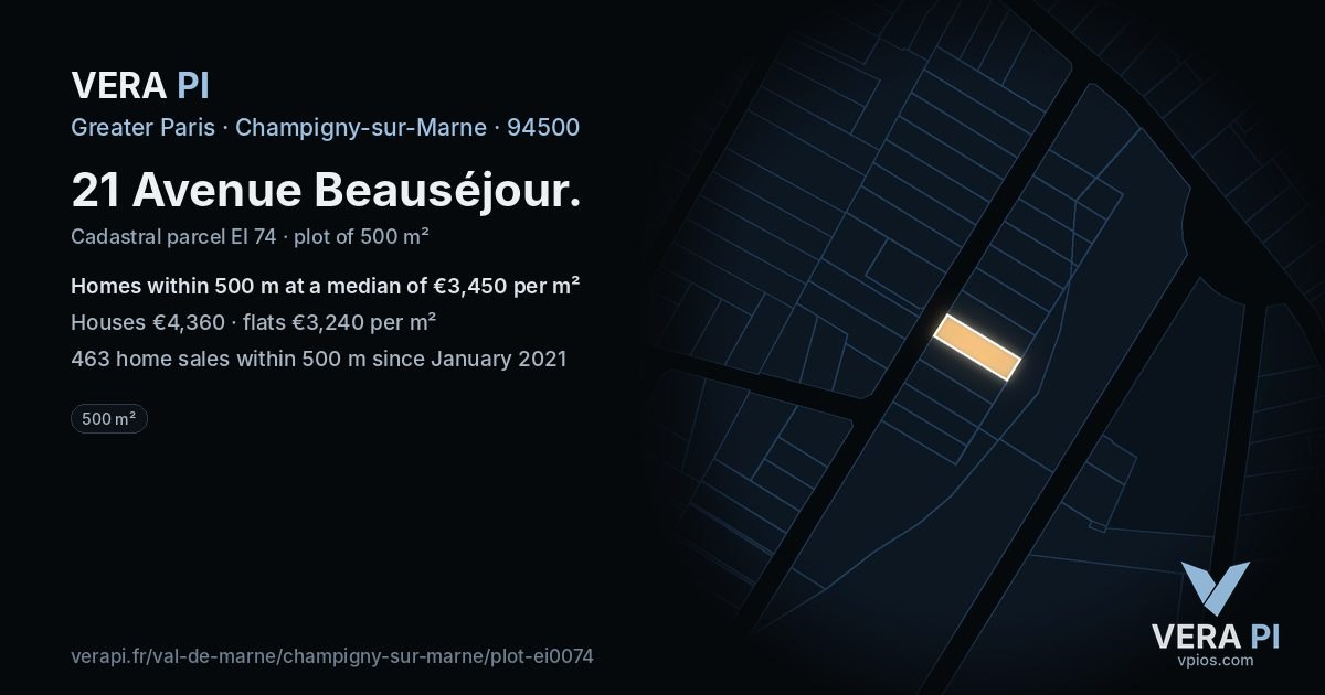 21 Avenue Beauséjour, Champigny-sur-Marne at night – the plot lit, the parcels around coloured by the prices near them