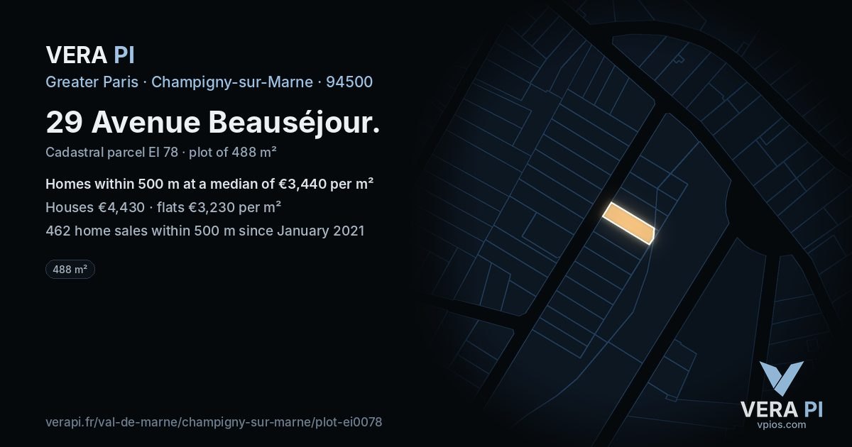 29 Avenue Beauséjour, Champigny-sur-Marne at night – the plot lit, the parcels around coloured by the prices near them