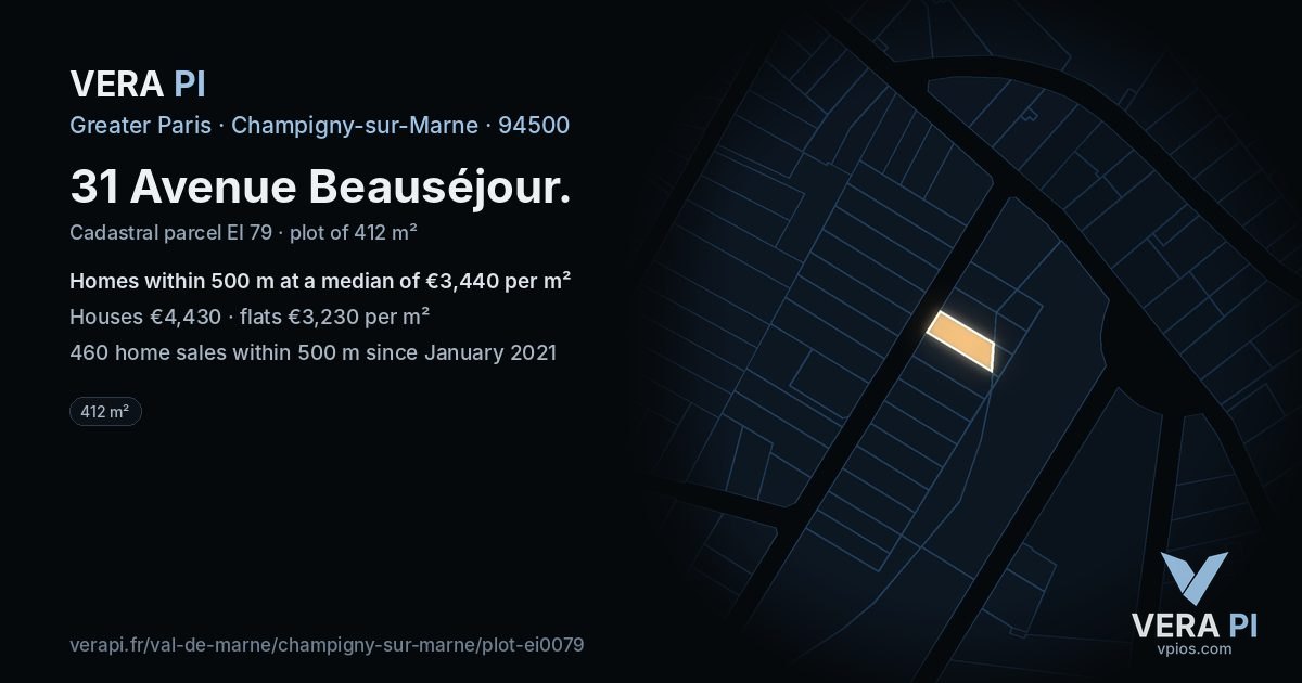 31 Avenue Beauséjour, Champigny-sur-Marne at night – the plot lit, the parcels around coloured by the prices near them