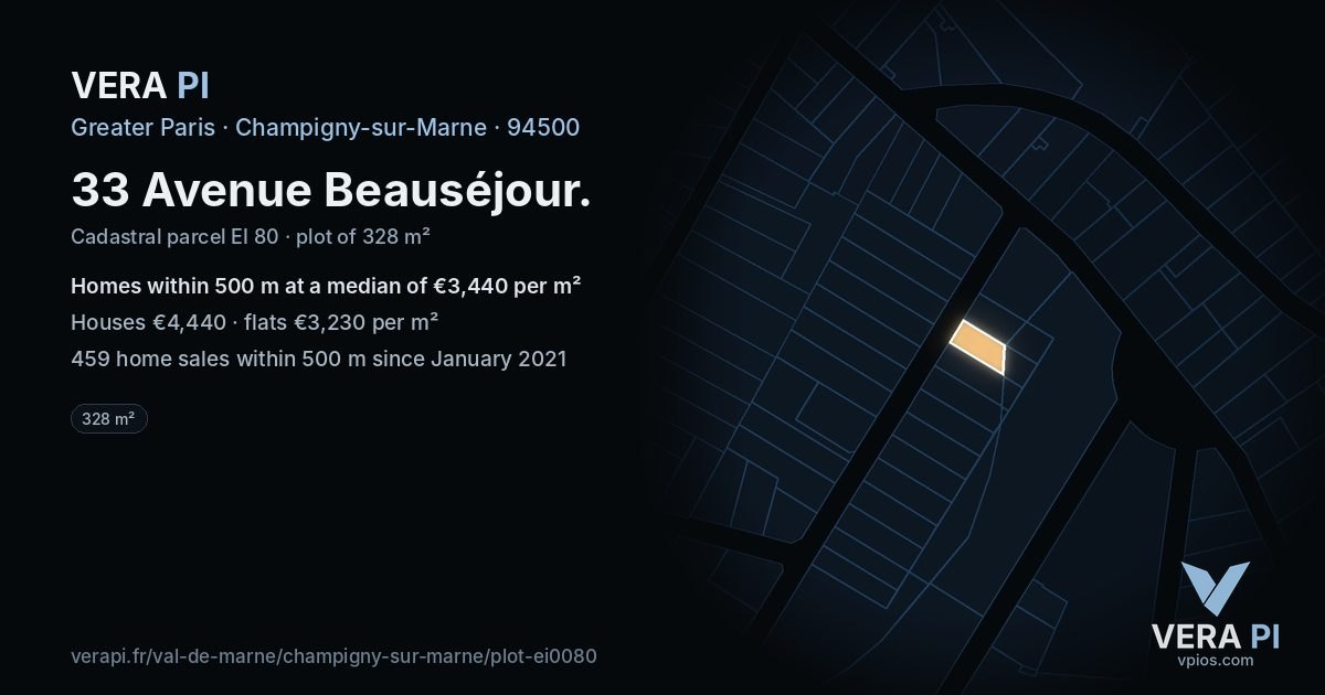 33 Avenue Beauséjour, Champigny-sur-Marne at night – the plot lit, the parcels around coloured by the prices near them