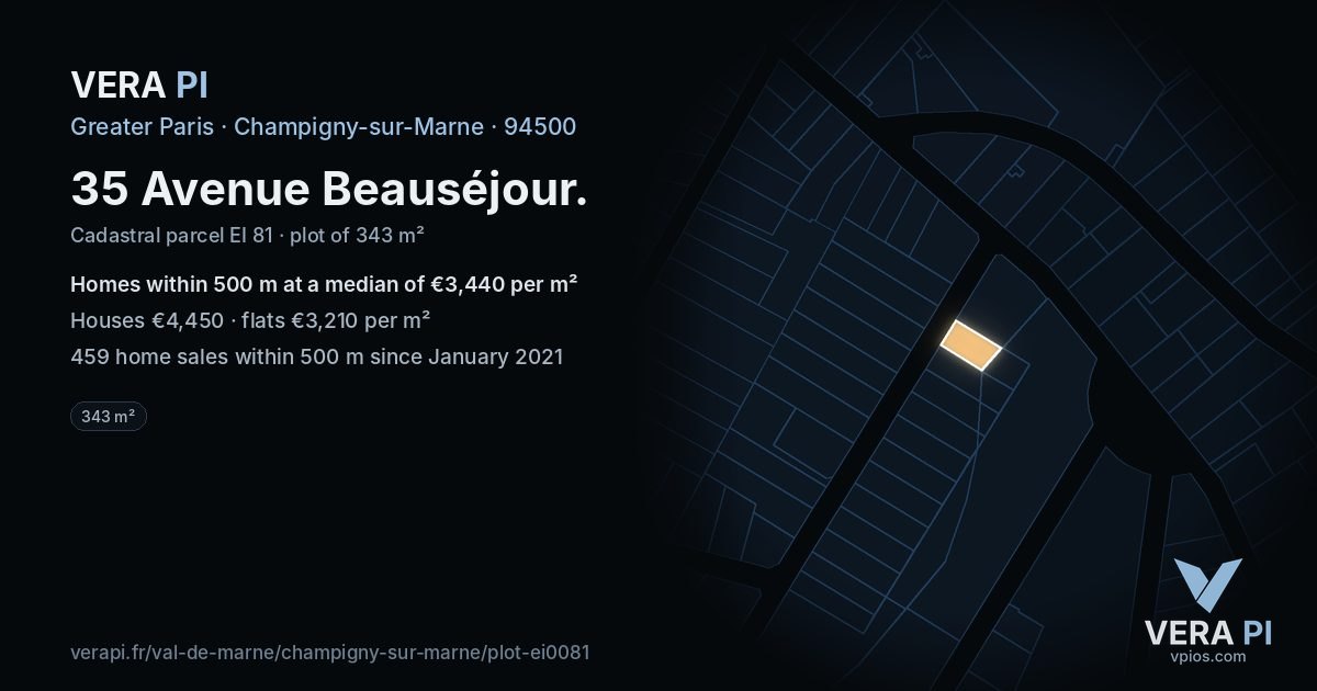 35 Avenue Beauséjour, Champigny-sur-Marne at night – the plot lit, the parcels around coloured by the prices near them