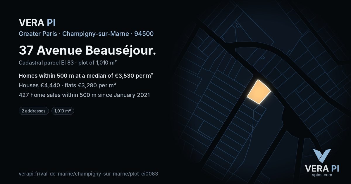 37 Avenue Beauséjour, Champigny-sur-Marne at night – the plot lit, the parcels around coloured by the prices near them