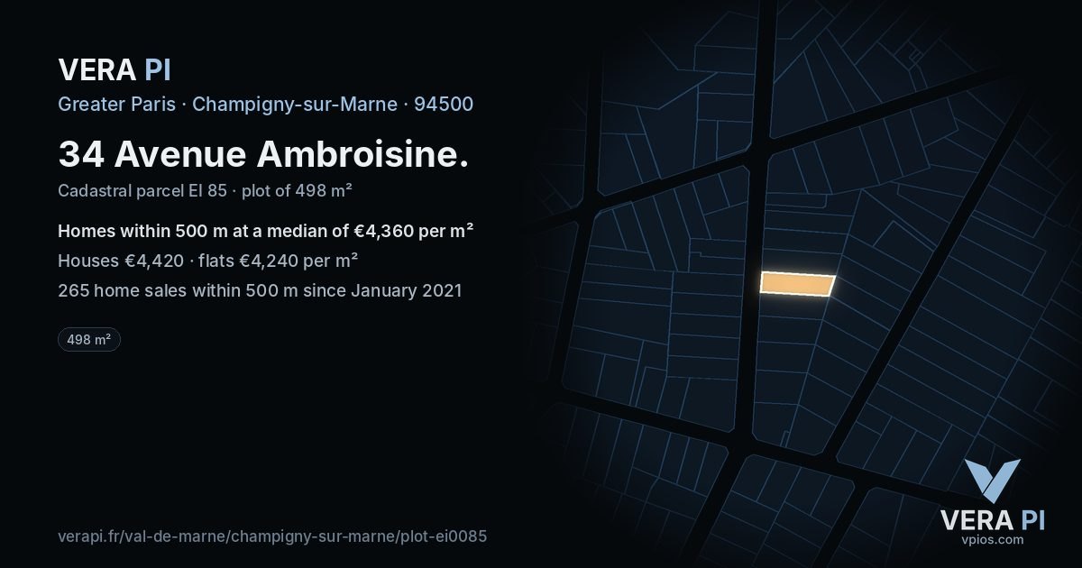 34 Avenue Ambroisine, Champigny-sur-Marne at night – the plot lit, the parcels around coloured by the prices near them