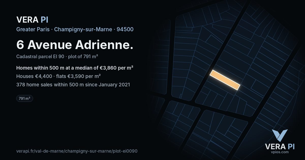 6 Avenue Adrienne, Champigny-sur-Marne at night – the plot lit, the parcels around coloured by the prices near them