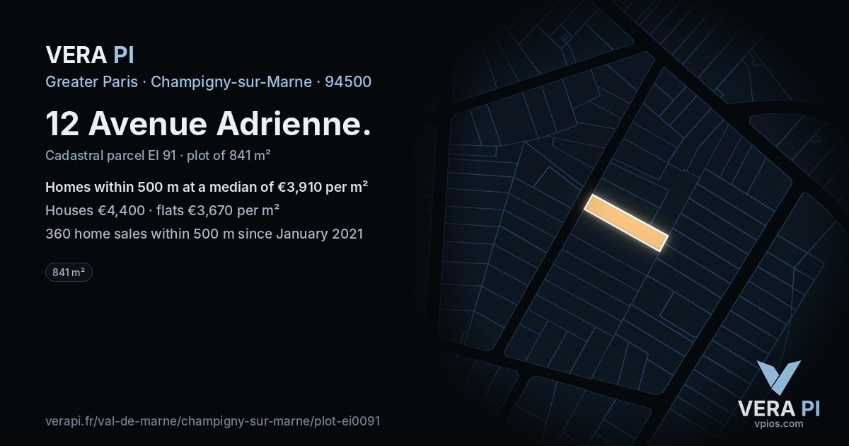 12 Avenue Adrienne, Champigny-sur-Marne at night – the plot lit, the parcels around coloured by the prices near them