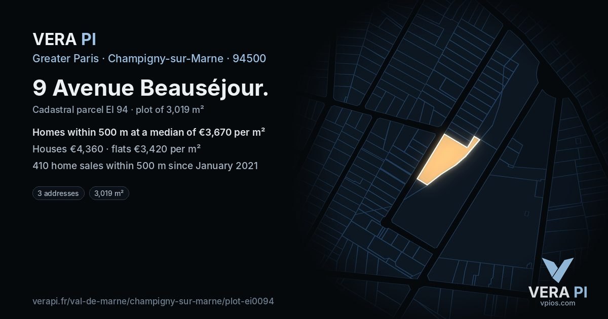 9 Avenue Beauséjour, Champigny-sur-Marne at night – the plot lit, the parcels around coloured by the prices near them