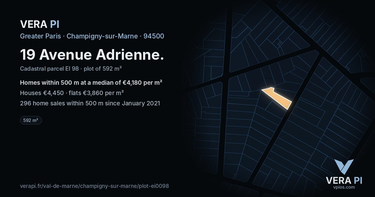 19 Avenue Adrienne, Champigny-sur-Marne at night – the plot lit, the parcels around coloured by the prices near them