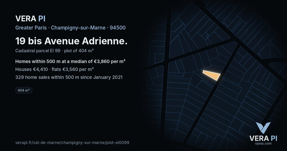 19 bis Avenue Adrienne, Champigny-sur-Marne at night – the plot lit, the parcels around coloured by the prices near them
