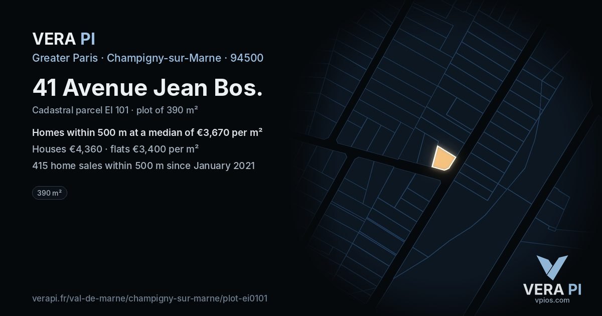 41 Avenue Jean Bos, Champigny-sur-Marne at night – the plot lit, the parcels around coloured by the prices near them