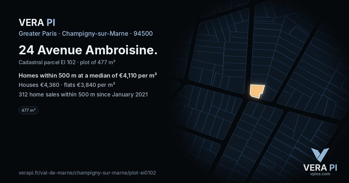 24 Avenue Ambroisine, Champigny-sur-Marne at night – the plot lit, the parcels around coloured by the prices near them