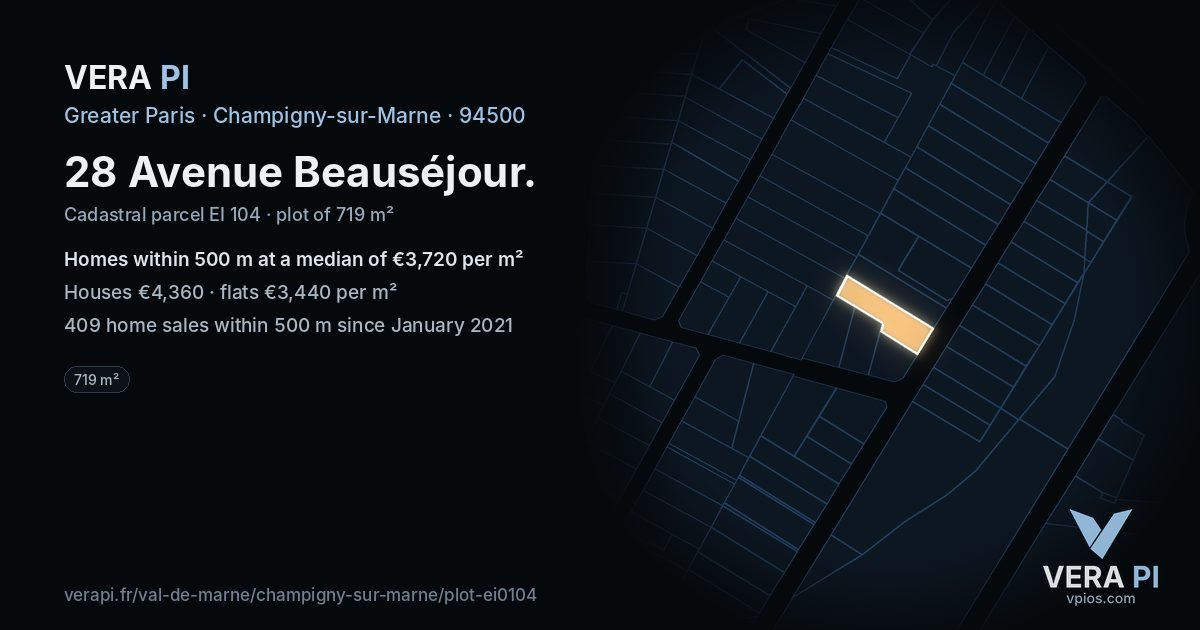 28 Avenue Beauséjour, Champigny-sur-Marne at night – the plot lit, the parcels around coloured by the prices near them