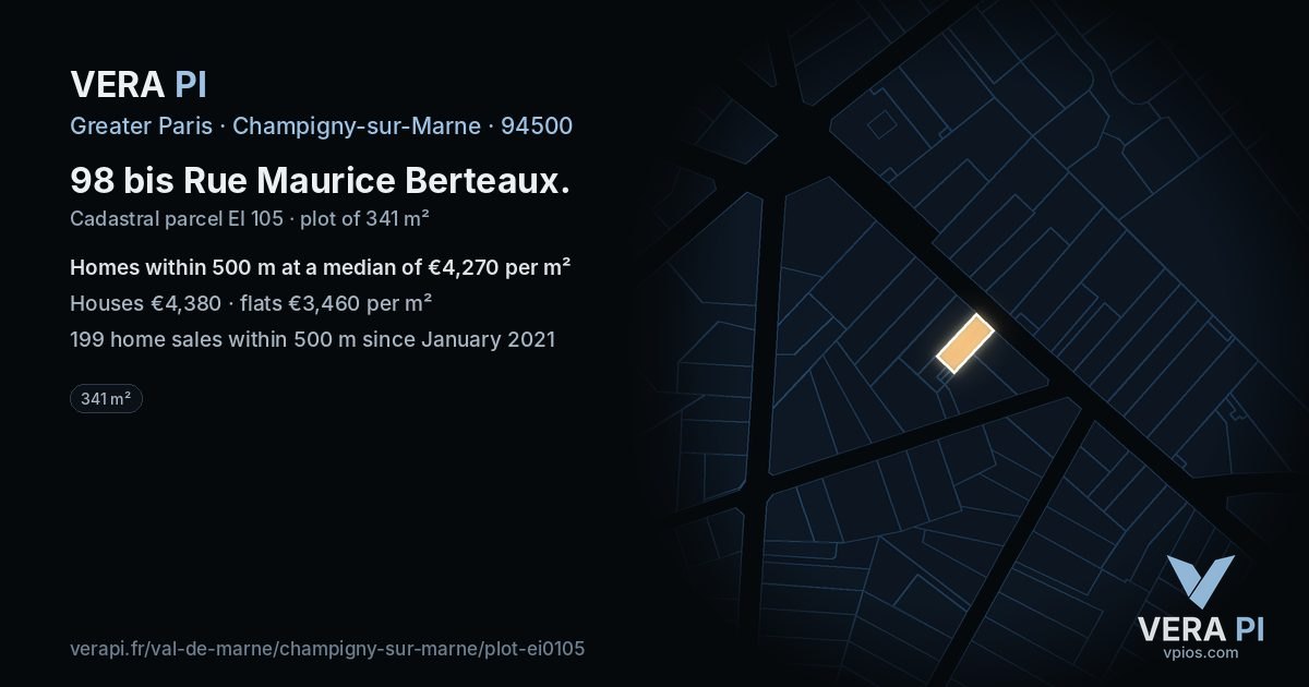 98 bis Rue Maurice Berteaux, Champigny-sur-Marne at night – the plot lit, the parcels around coloured by the prices near them