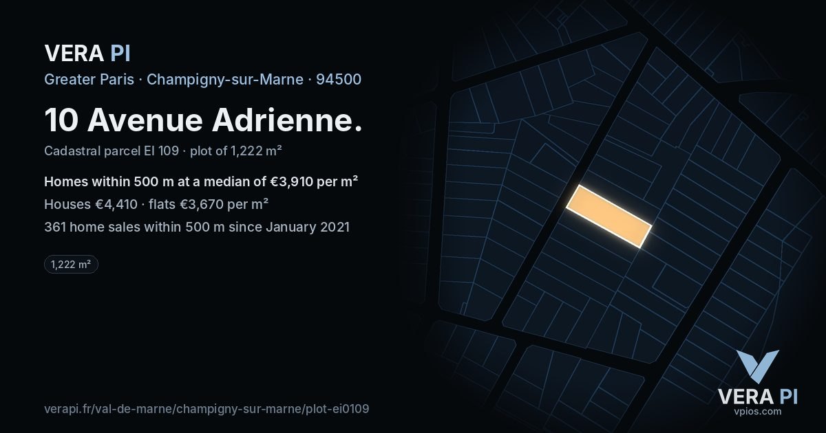 10 Avenue Adrienne, Champigny-sur-Marne at night – the plot lit, the parcels around coloured by the prices near them