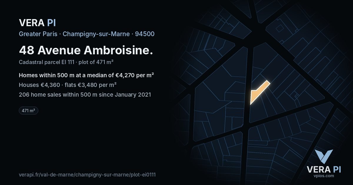 48 Avenue Ambroisine, Champigny-sur-Marne at night – the plot lit, the parcels around coloured by the prices near them