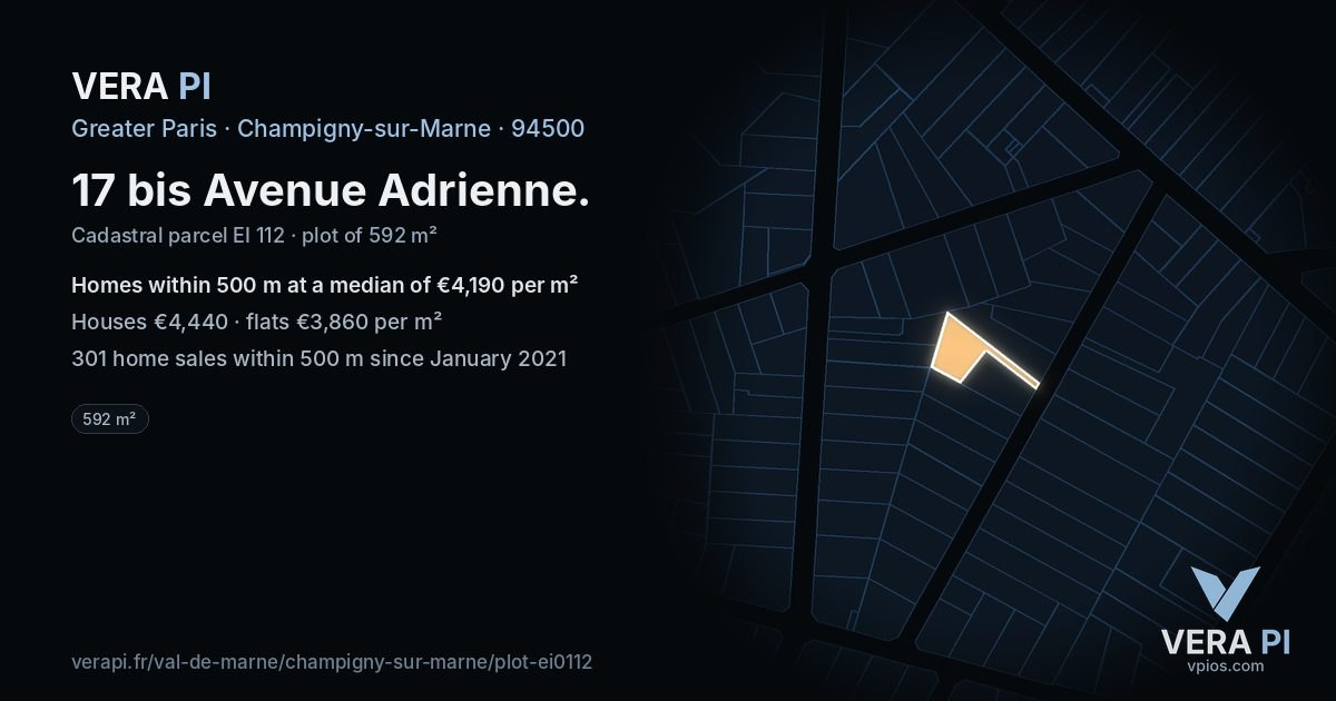 17 bis Avenue Adrienne, Champigny-sur-Marne at night – the plot lit, the parcels around coloured by the prices near them