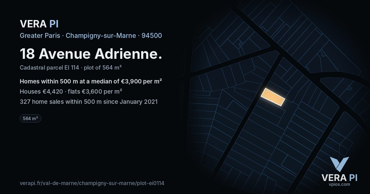 18 Avenue Adrienne, Champigny-sur-Marne at night – the plot lit, the parcels around coloured by the prices near them