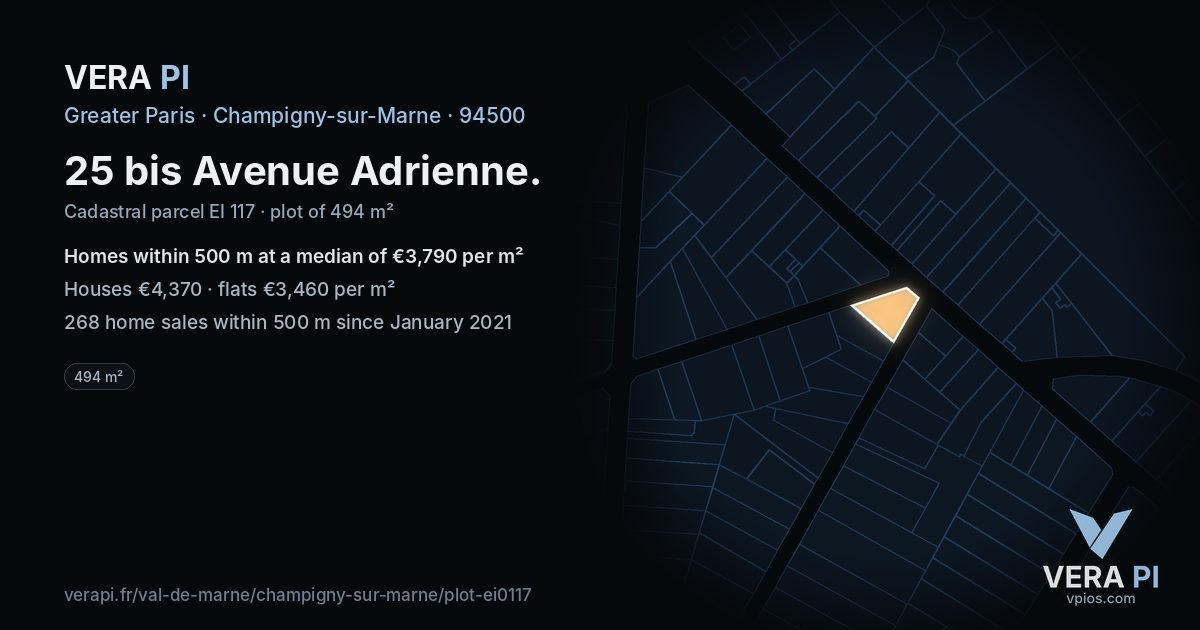 25 bis Avenue Adrienne, Champigny-sur-Marne at night – the plot lit, the parcels around coloured by the prices near them
