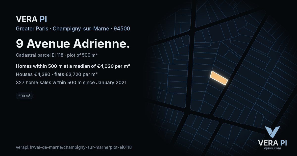 9 Avenue Adrienne, Champigny-sur-Marne at night – the plot lit, the parcels around coloured by the prices near them