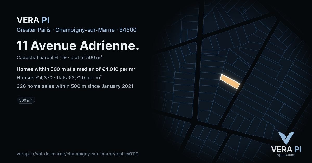 11 Avenue Adrienne, Champigny-sur-Marne at night – the plot lit, the parcels around coloured by the prices near them