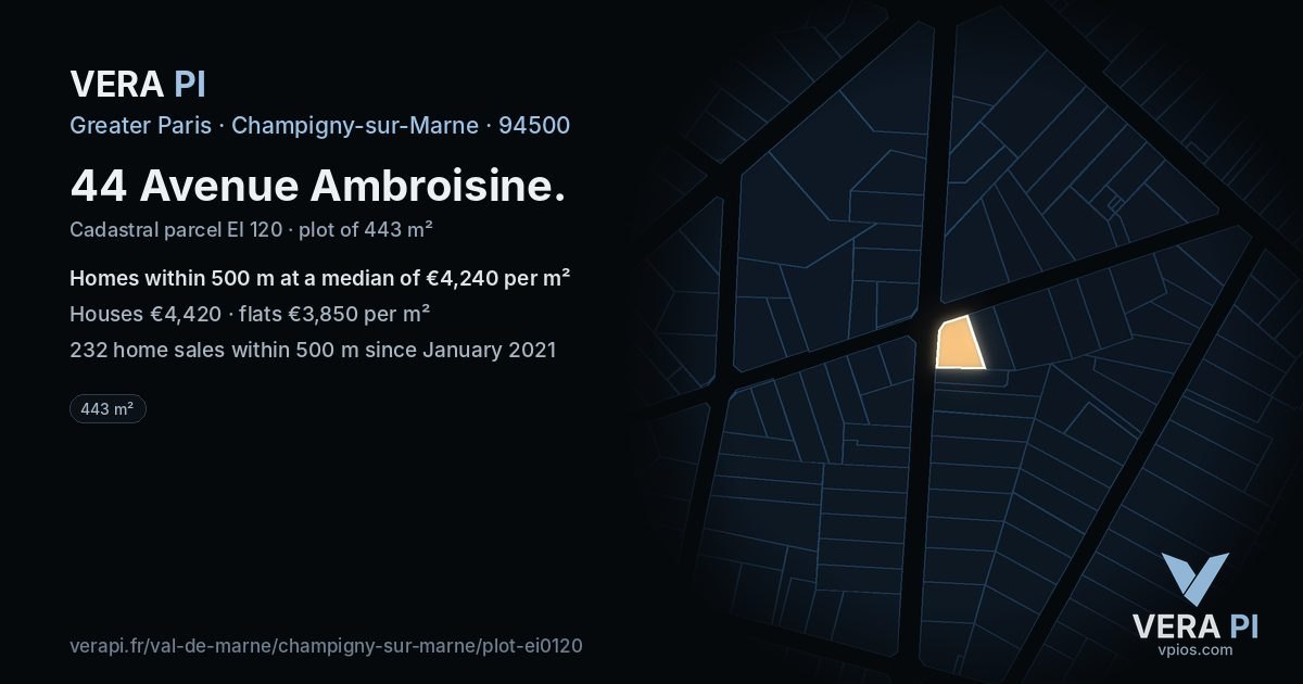 44 Avenue Ambroisine, Champigny-sur-Marne at night – the plot lit, the parcels around coloured by the prices near them