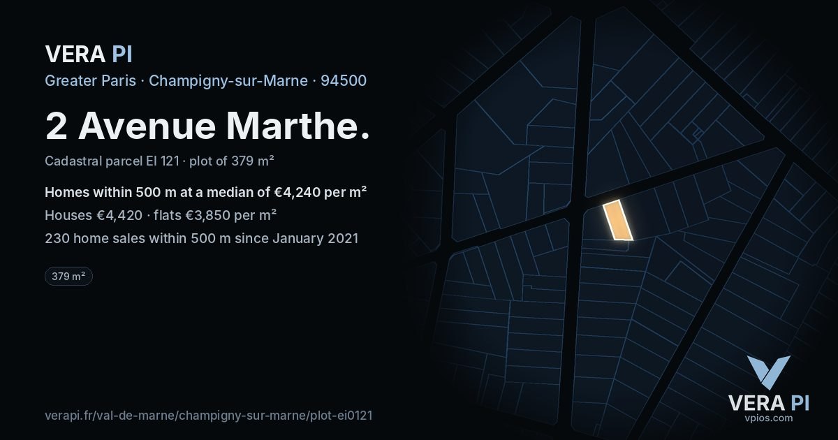 2 Avenue Marthe, Champigny-sur-Marne at night – the plot lit, the parcels around coloured by the prices near them