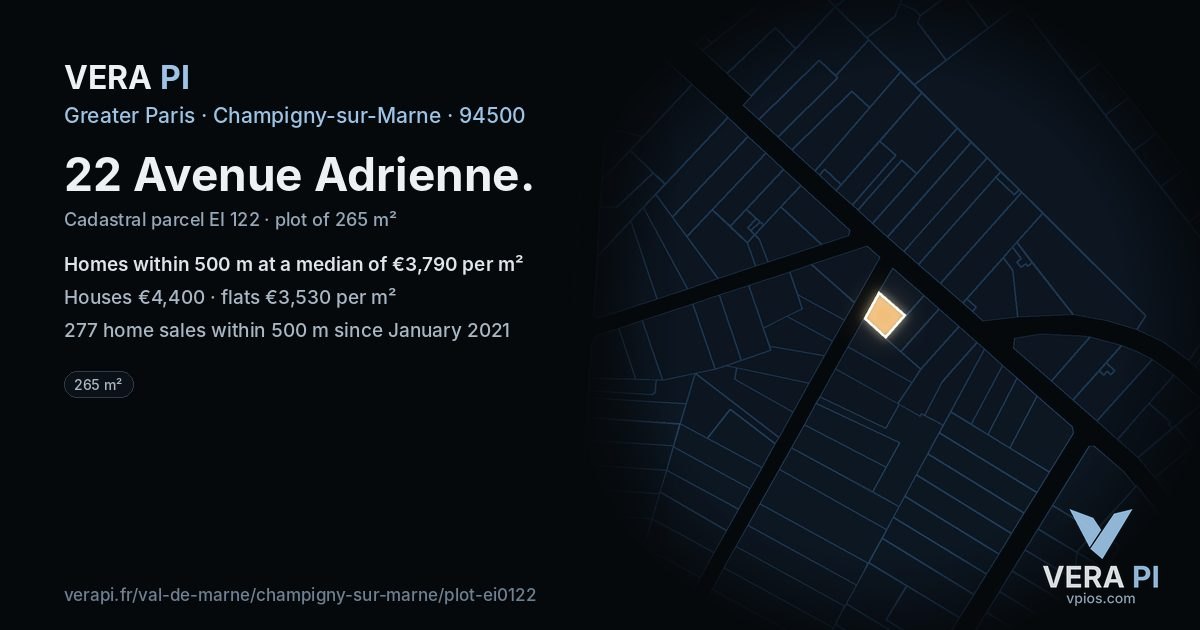22 Avenue Adrienne, Champigny-sur-Marne at night – the plot lit, the parcels around coloured by the prices near them