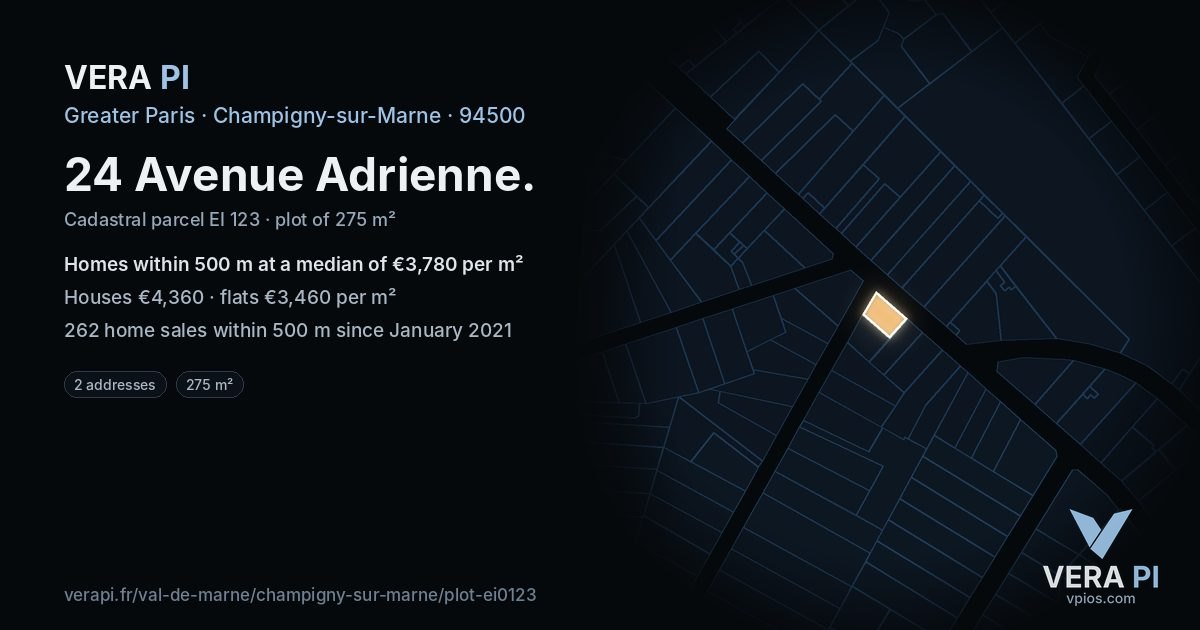 24 Avenue Adrienne, Champigny-sur-Marne at night – the plot lit, the parcels around coloured by the prices near them