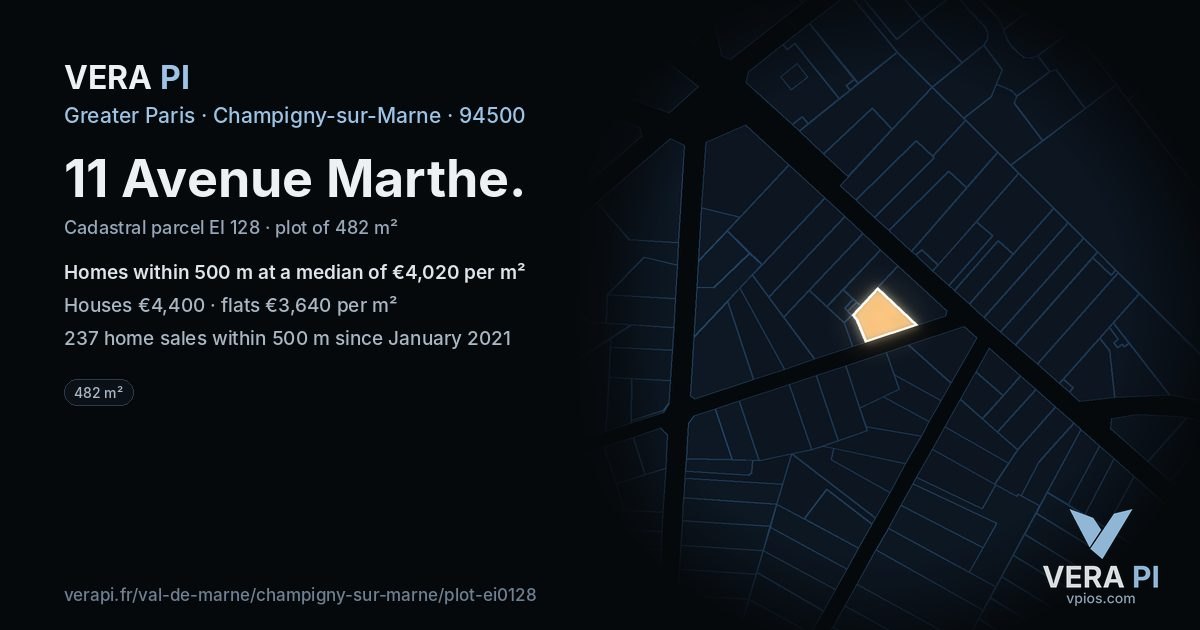 11 Avenue Marthe, Champigny-sur-Marne at night – the plot lit, the parcels around coloured by the prices near them