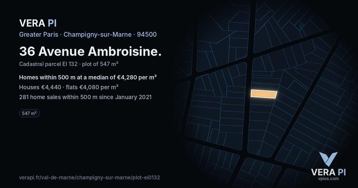 36 Avenue Ambroisine, Champigny-sur-Marne at night – the plot lit, the parcels around coloured by the prices near them