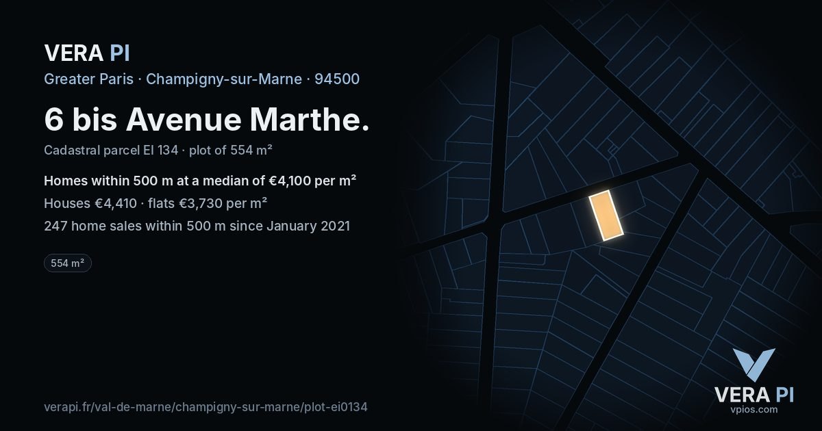 6 bis Avenue Marthe, Champigny-sur-Marne at night – the plot lit, the parcels around coloured by the prices near them