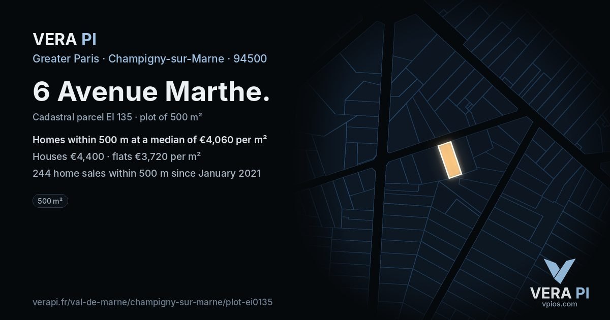 6 Avenue Marthe, Champigny-sur-Marne at night – the plot lit, the parcels around coloured by the prices near them