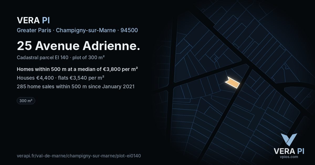 25 Avenue Adrienne, Champigny-sur-Marne at night – the plot lit, the parcels around coloured by the prices near them