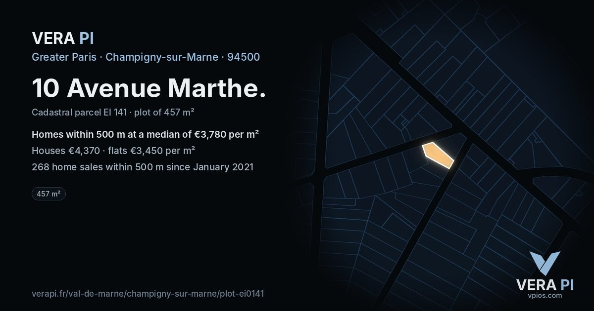 10 Avenue Marthe, Champigny-sur-Marne at night – the plot lit, the parcels around coloured by the prices near them