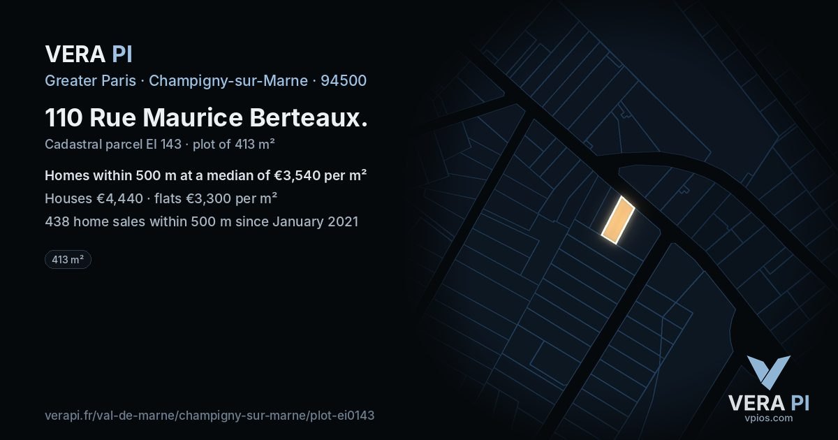 110 Rue Maurice Berteaux, Champigny-sur-Marne at night – the plot lit, the parcels around coloured by the prices near them