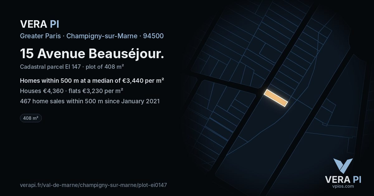 15 Avenue Beauséjour, Champigny-sur-Marne at night – the plot lit, the parcels around coloured by the prices near them