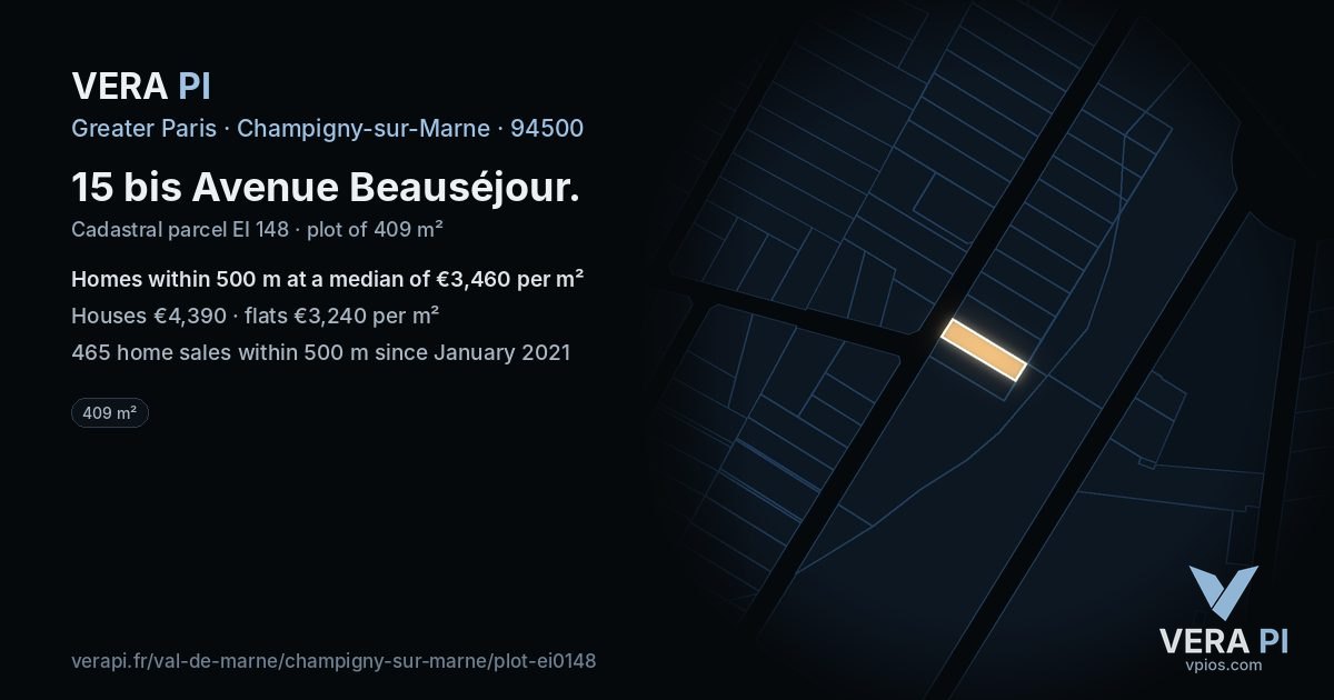 15 bis Avenue Beauséjour, Champigny-sur-Marne at night – the plot lit, the parcels around coloured by the prices near them