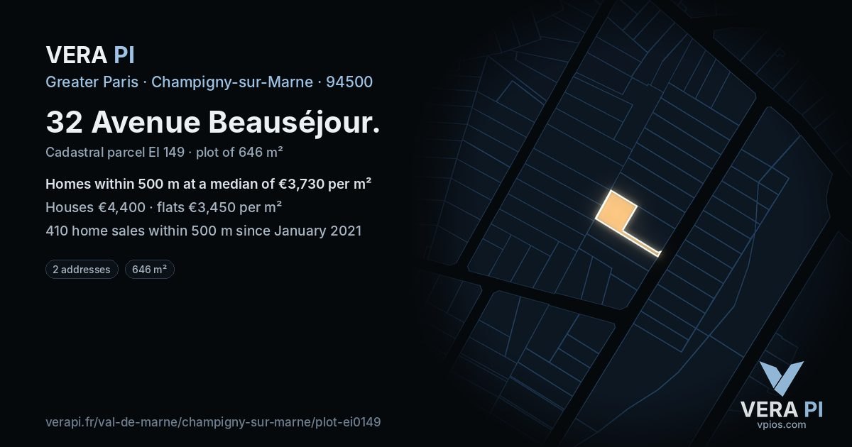 32 Avenue Beauséjour, Champigny-sur-Marne at night – the plot lit, the parcels around coloured by the prices near them