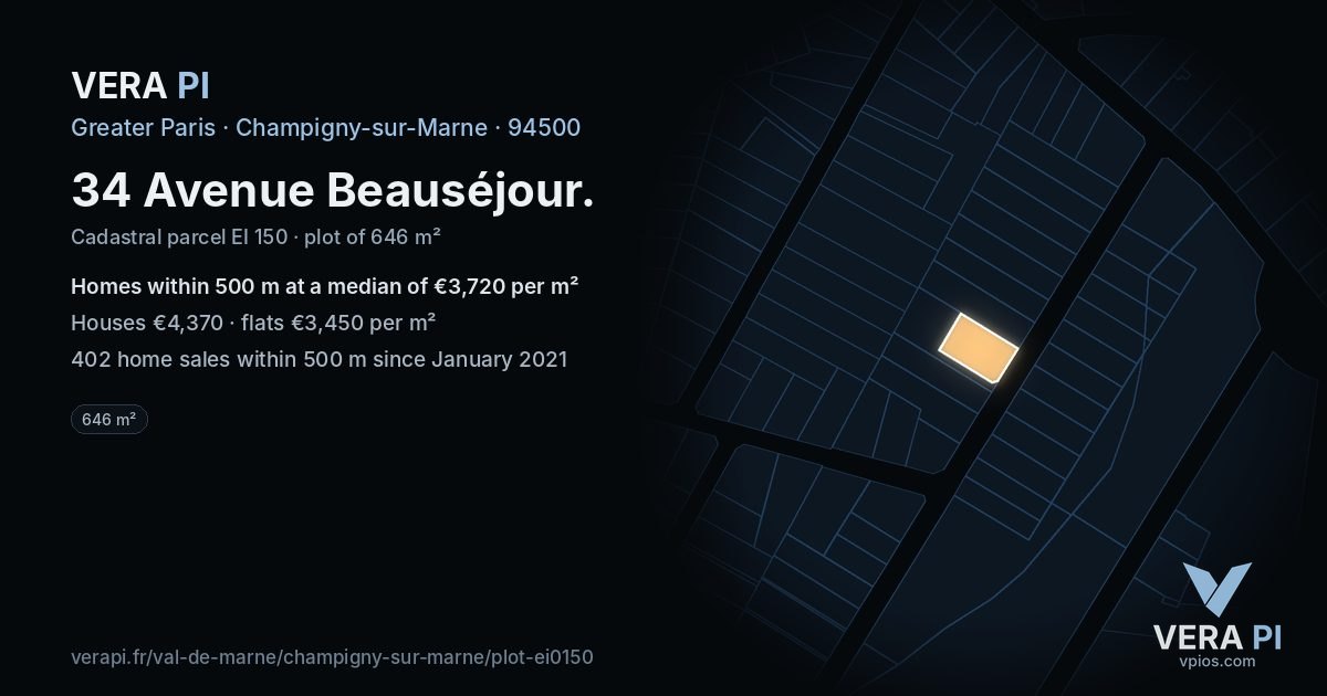34 Avenue Beauséjour, Champigny-sur-Marne at night – the plot lit, the parcels around coloured by the prices near them