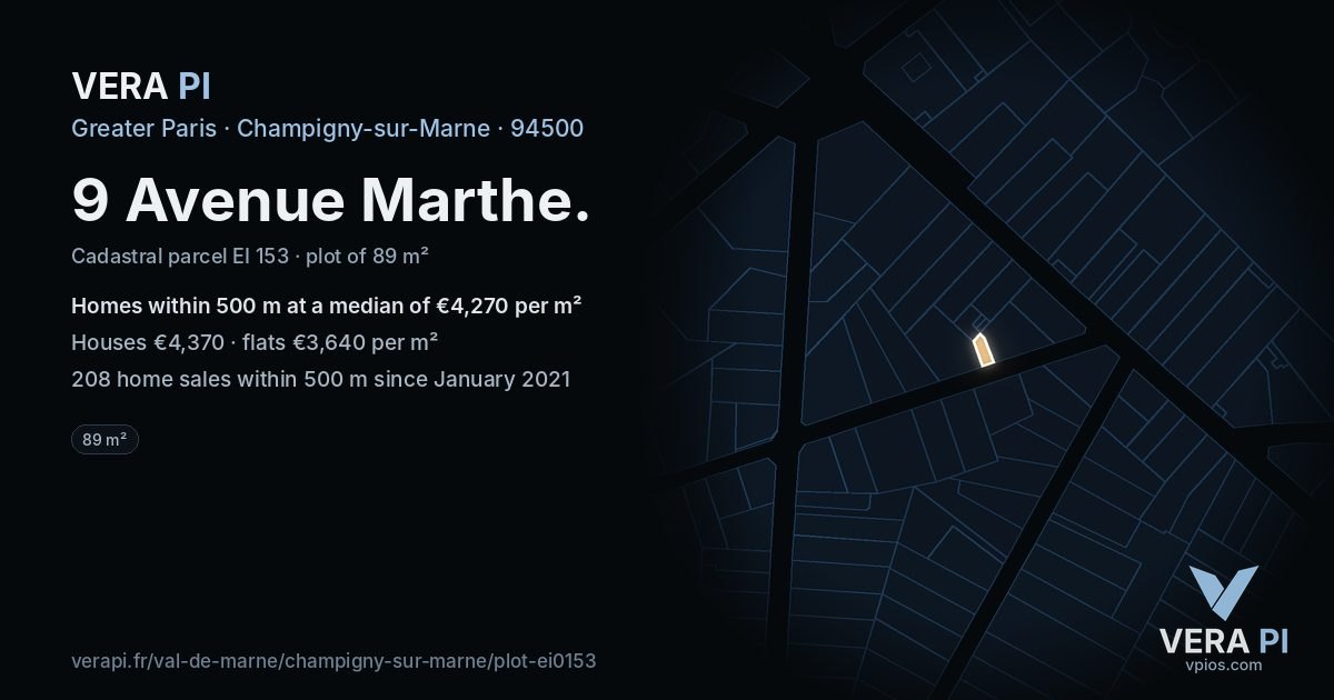 9 Avenue Marthe, Champigny-sur-Marne at night – the plot lit, the parcels around coloured by the prices near them