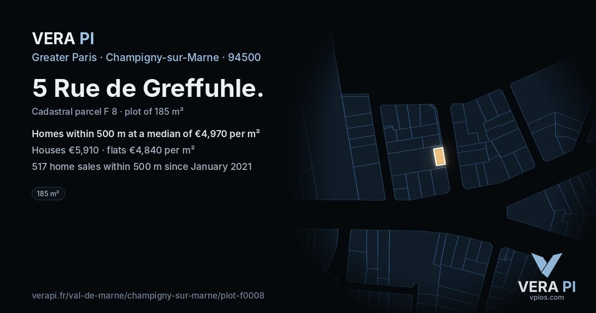 5 Rue de Greffuhle, Champigny-sur-Marne at night – the plot lit, the parcels around coloured by the prices near them