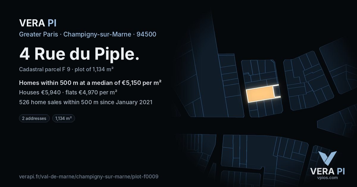4 Rue du Piple, Champigny-sur-Marne at night – the plot lit, the parcels around coloured by the prices near them