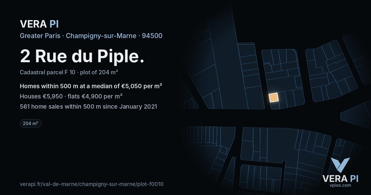 2 Rue du Piple, Champigny-sur-Marne at night – the plot lit, the parcels around coloured by the prices near them