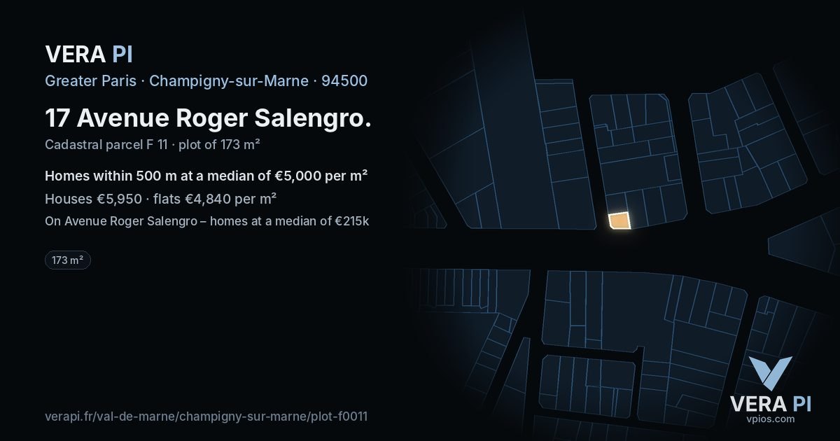 17 Avenue Roger Salengro, Champigny-sur-Marne at night – the plot lit, the parcels around coloured by the prices near them