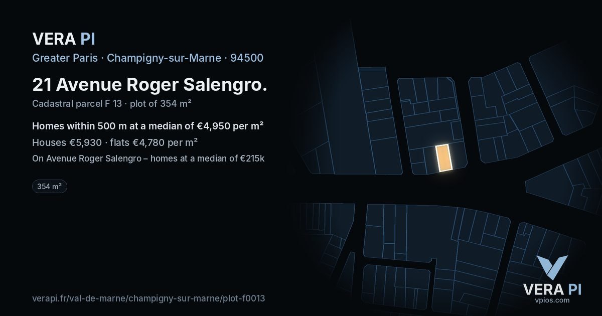 21 Avenue Roger Salengro, Champigny-sur-Marne at night – the plot lit, the parcels around coloured by the prices near them