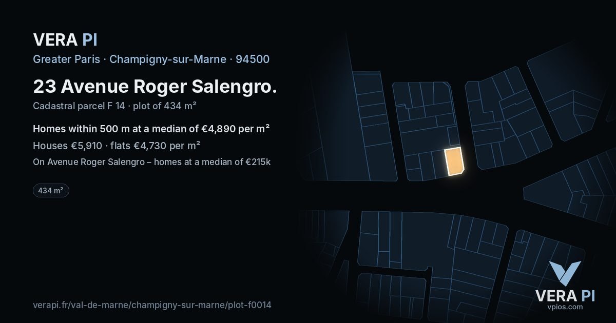 23 Avenue Roger Salengro, Champigny-sur-Marne at night – the plot lit, the parcels around coloured by the prices near them
