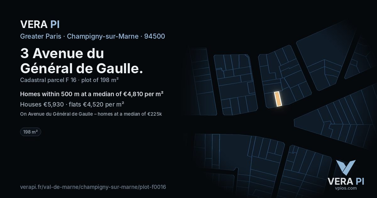 3 Avenue du Général de Gaulle, Champigny-sur-Marne at night – the plot lit, the parcels around coloured by the prices near them